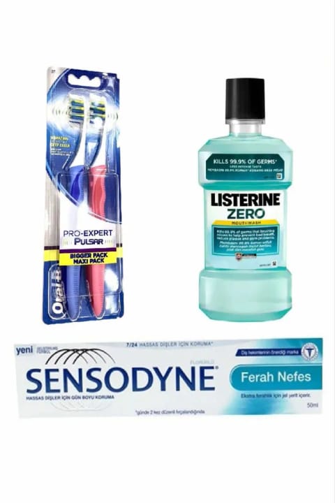 ست مراقبت دهان و دندان Oral-B - مسواک باتری‌خور Oral B 2، خمیردندان Sensodyne، دهان‌شویه Listerine