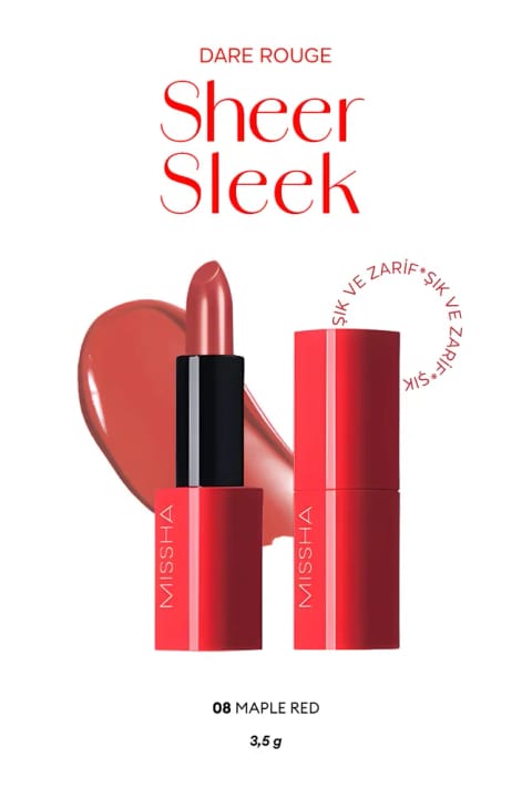 رژ لب Missha Dare Rouge Sheer Sleek با رنگدانه غلیظ، مغذی و با فینیش مرطوب — 08 Maple Red