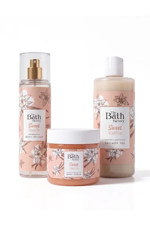 THE BATH FACTORY وانیل شیرین شاور ژل + اسکراب بدن + اسپری بدن