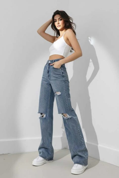 Lighter Jeans شلوار جین لطیف زنانه با ۳ برش، رنگ روشن متوسط، کمر سوپر بالا، کشسان و پاچه گشاد