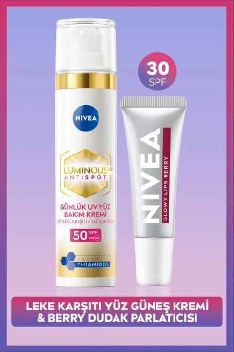 NIVEA SPF50 Luminous630 ضد لک کرم صورت و برق لب توتفرنگی