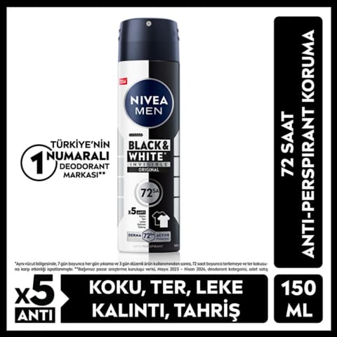 Nivea Men اسپری دئودورانت مردانه Black & White Invisible Original 150ml ضد تعریق ۷۲ ساعته