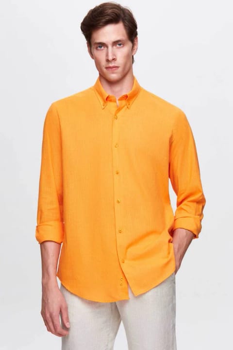 D'S Damat Ds Damat Comfort پیراهن نارنجی روشن یقه دکمهدار با برش راحت طرح کتان