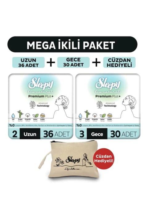 Sleepy Bio Natural Premium Plus نواربهداشتی بسته بزرگ بلند ۳۶ عددی + شب ۳۰ عددی