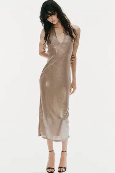 Zara پیراهن میدی هالتر متالیک