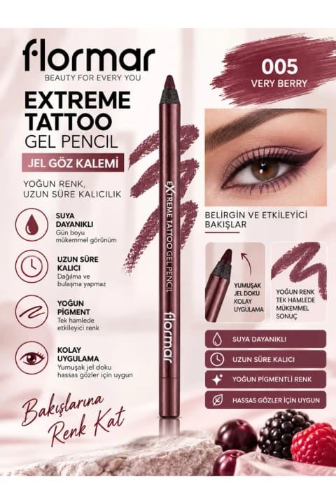 Flormar Extreme Tattoo - 005 Very Berry - 1.2 g – مقاوم در برابر آب با پیگمنت غلیظ...