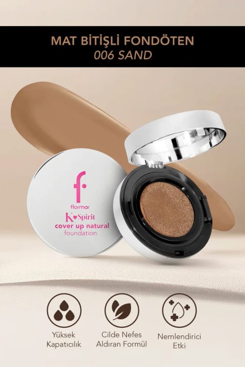 فونداسیون کوشن Flormar K-Spirit Cover Up با پوشش دهی بالا و پایانی نیمه مات — 006 Sand